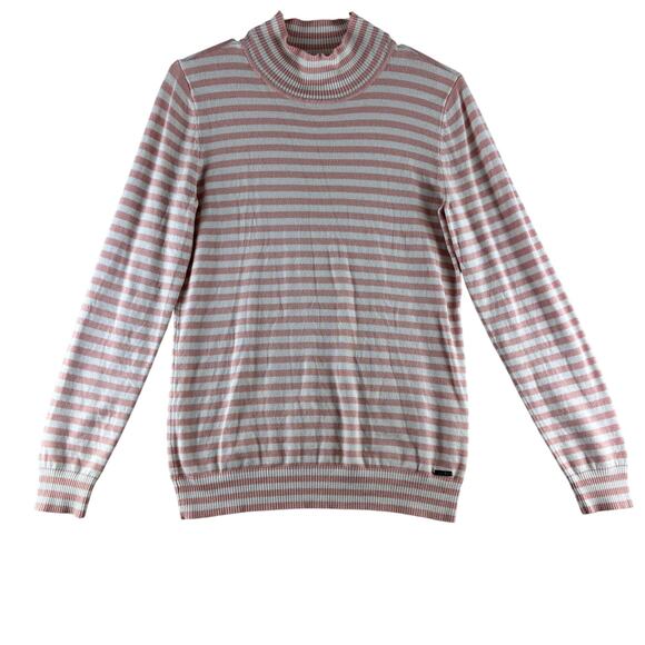 Calvin Klein Pink White Striped Mock Neck Sweater Women’s Medium Preppy Nautical - Picture 1 of 10